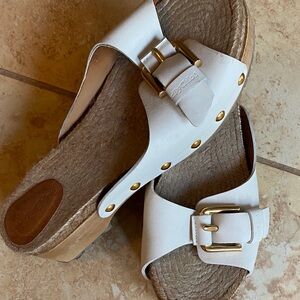 See By Chloe White Mules with Gold Buckles